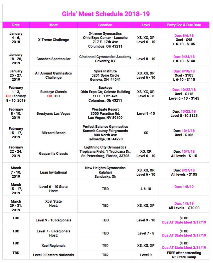 2018:19 Girls’ Meet Schedule