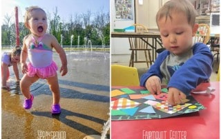 toddler playing at eagle park sprayground in geauga county ohio and another toddler playing at the fairmount center for the arts