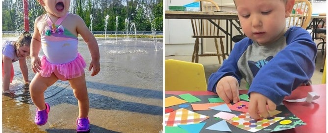 toddler playing at eagle park sprayground in geauga county ohio and another toddler playing at the fairmount center for the arts